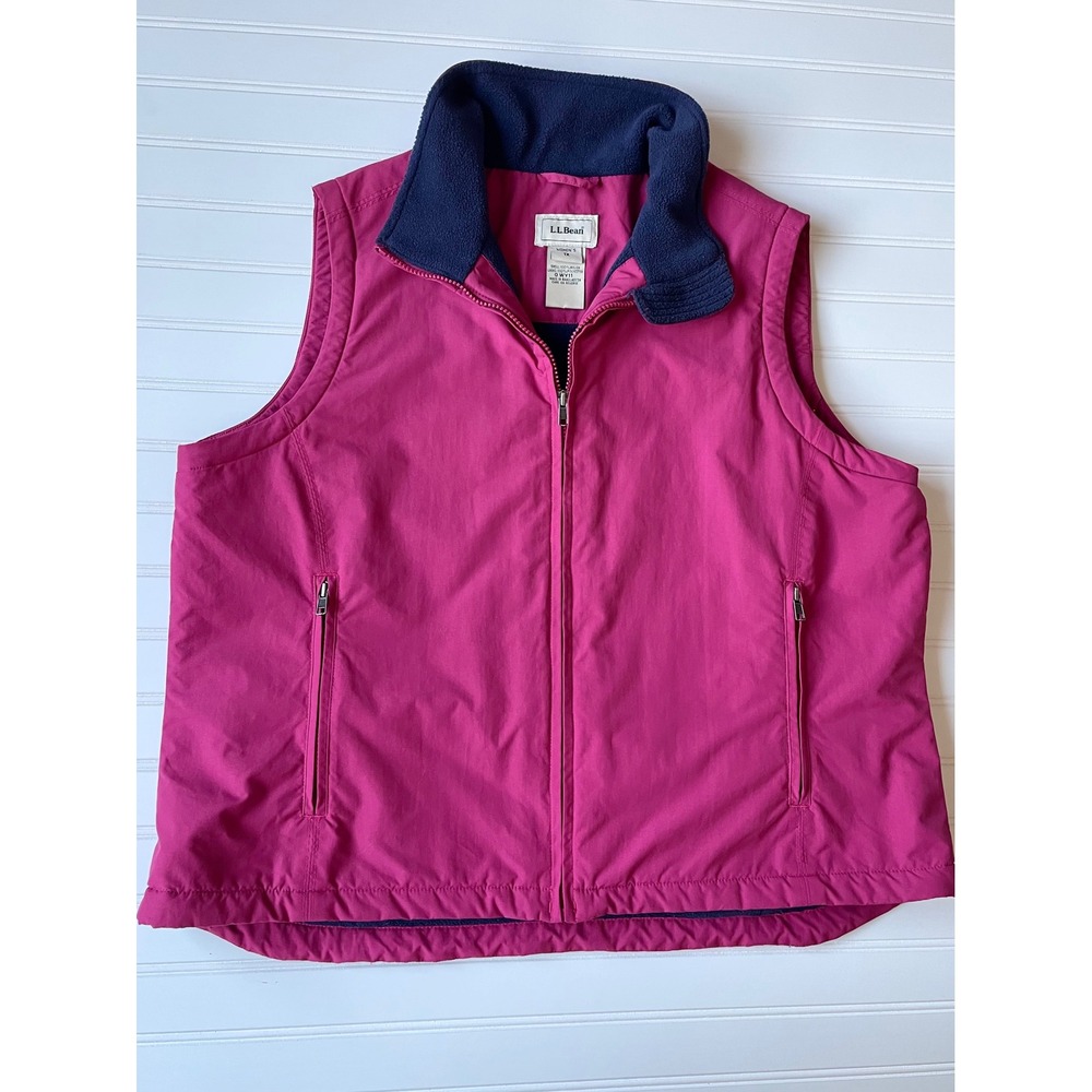 LL Bean Pink Nylon Vest Sz 1X Navy Fleece Lined Full Zip Mock Neck 0WY11 Vtg Y2K